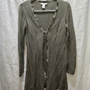 KENAR Olive Green Knit Cardigan Tie Front Ruffle Trim Long Sleeve M Y2K Earthy
